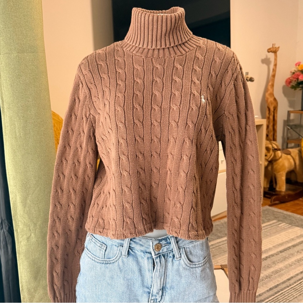 Ralph Lauren Brown Cable-Knit Turtleneck Sweater
